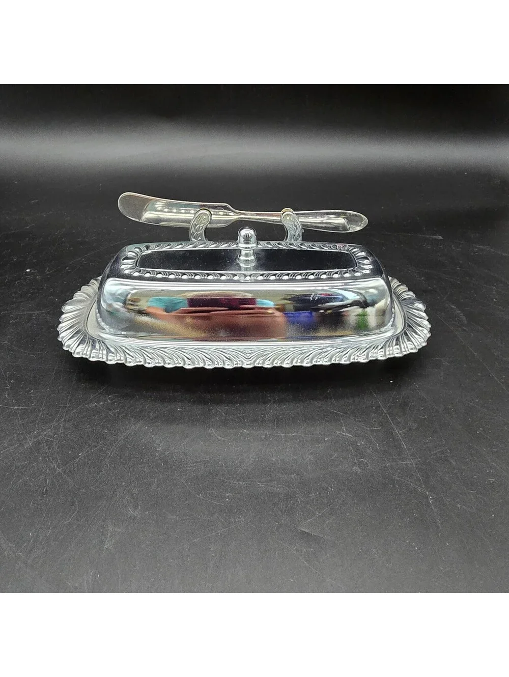 Vintage Irvinware Chrome Butter Dish Covered Set with Spreader Glass Liner USA